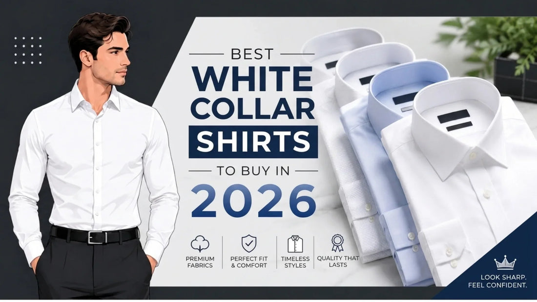 An article header banner displaying folded men's dress shirts alongside text that reads "Best White Collar Shirts to Buy in 2026"