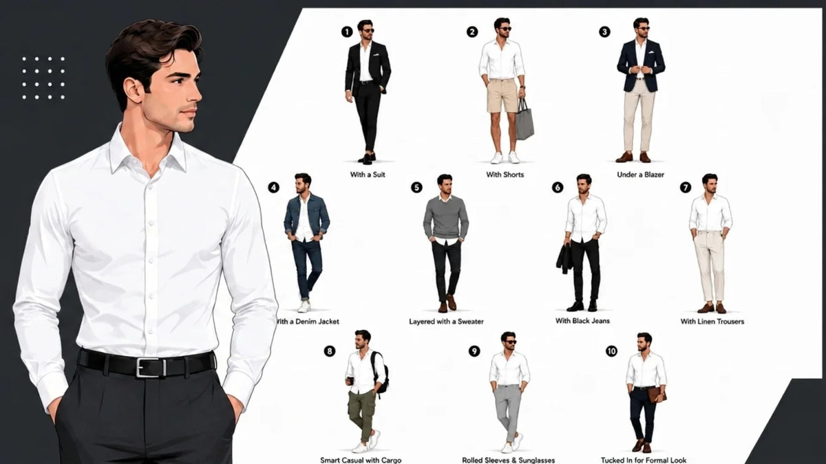 An infographic guide showing ten different ways for men to style a white dress shirt, from casual shorts to formal suits.