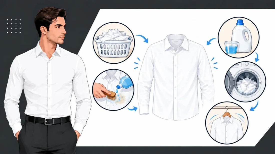 Illustration of a man in a white dress shirt next to laundry steps: sorting, treating stains, detergent, washing, and drying