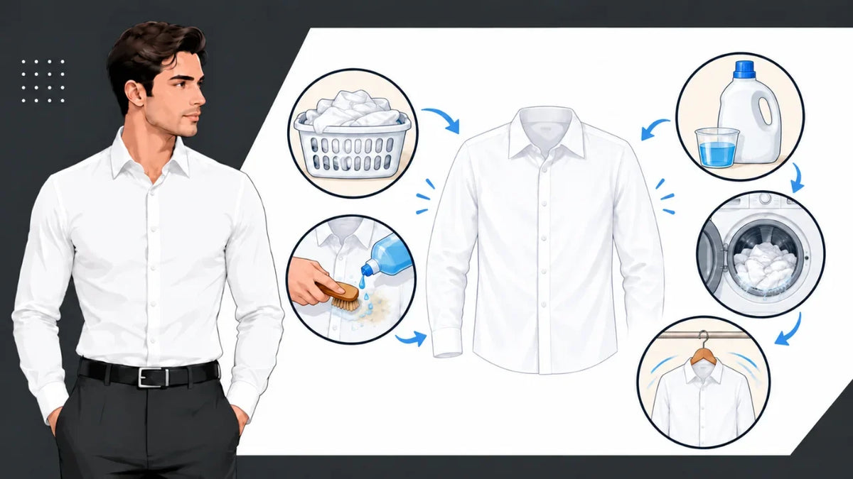 Illustration of a man in a white dress shirt next to laundry steps: sorting, treating stains, detergent, washing, and drying