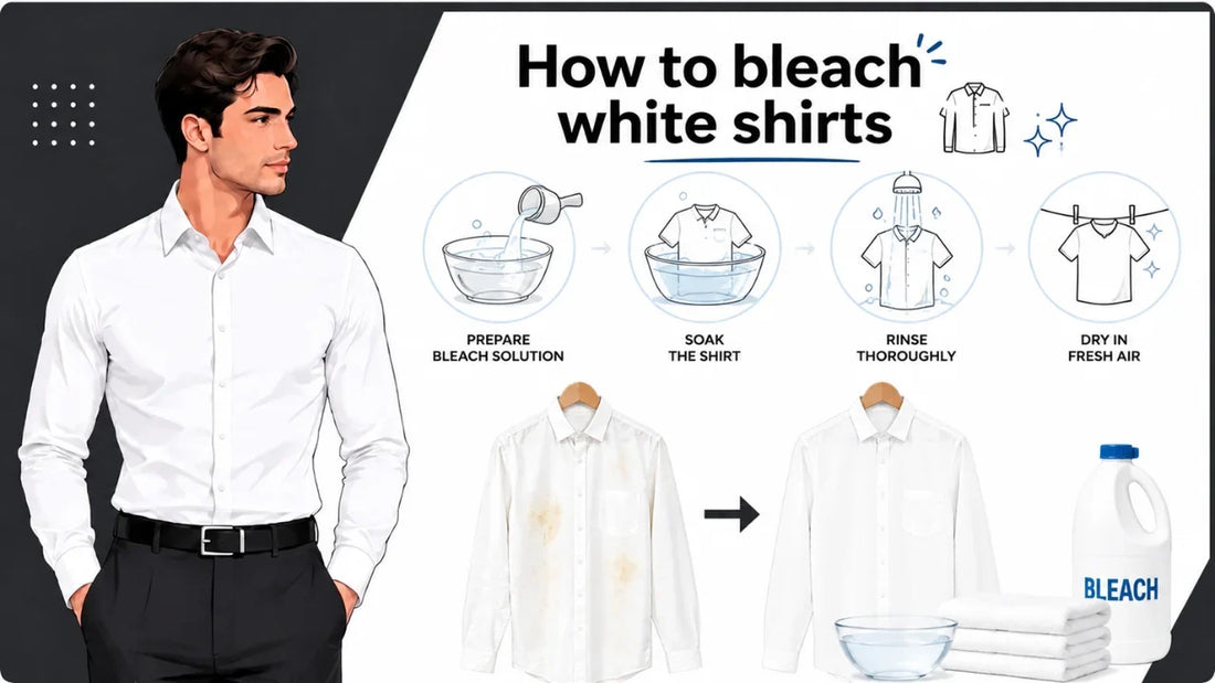 Infographic on how to bleach white shirts featuring step-by-step instructions: prepare solution, soak, rinse, and dry in air