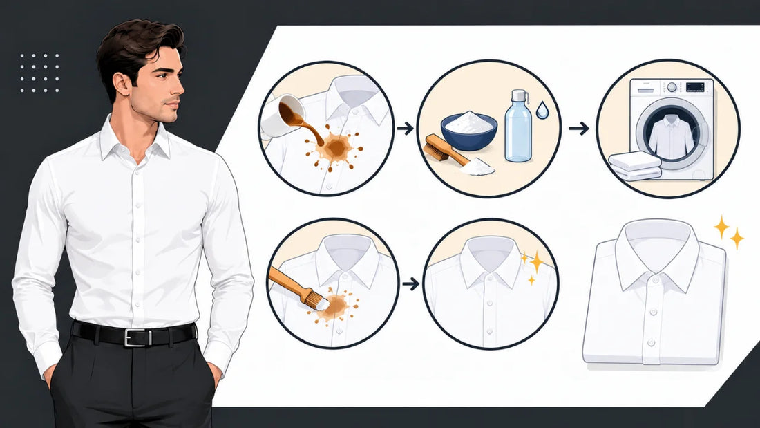 Vector illustration showing steps to remove a coffee stain from a white shirt, with a man standing beside cleaning and washing visuals.