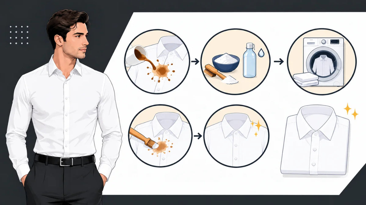 Vector illustration showing steps to remove a coffee stain from a white shirt, with a man standing beside cleaning and washing visuals.