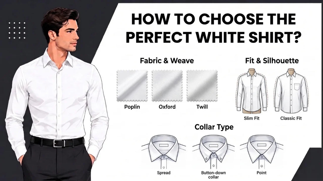 Infographic titled "How to Choose the Perfect White Shirt?" detailing options for fabric weaves, fit and silhouette, and collar types