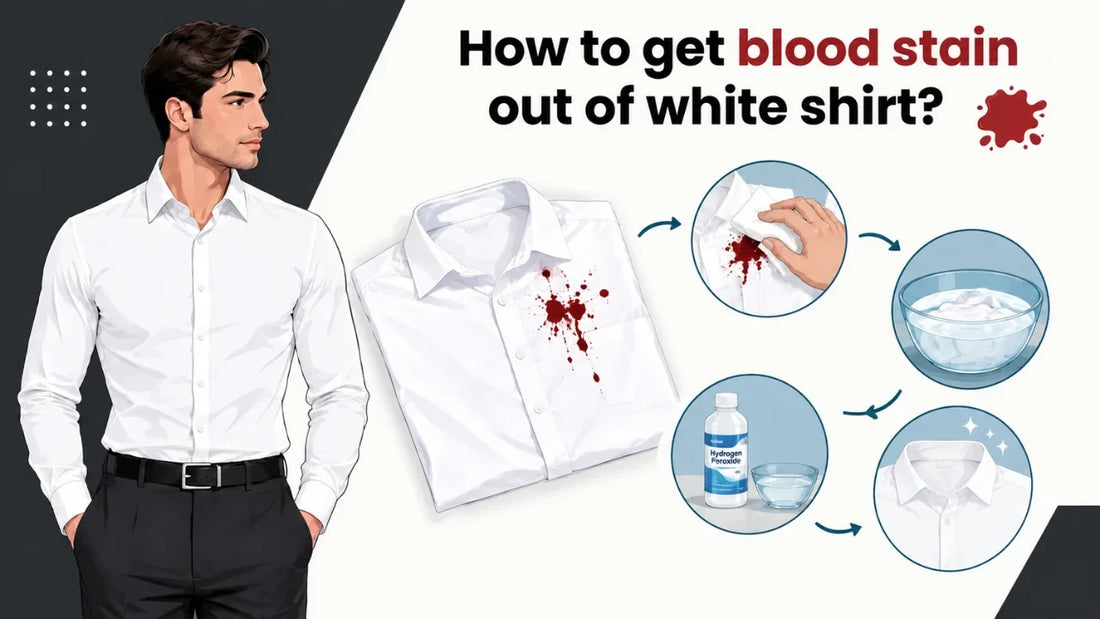 Infographic illustrating how to get blood out of white shirt naturally using hydrogen peroxide and proper washing steps