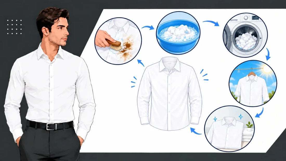 A guide illustrating how to get stains out of white clothes by brushing, soaking, washing, sun-drying, and folding a shirt