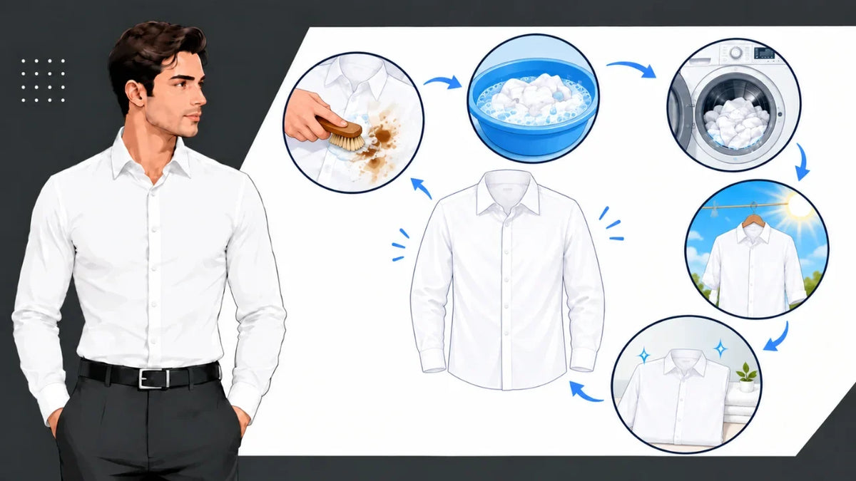A guide illustrating how to get stains out of white clothes by brushing, soaking, washing, sun-drying, and folding a shirt