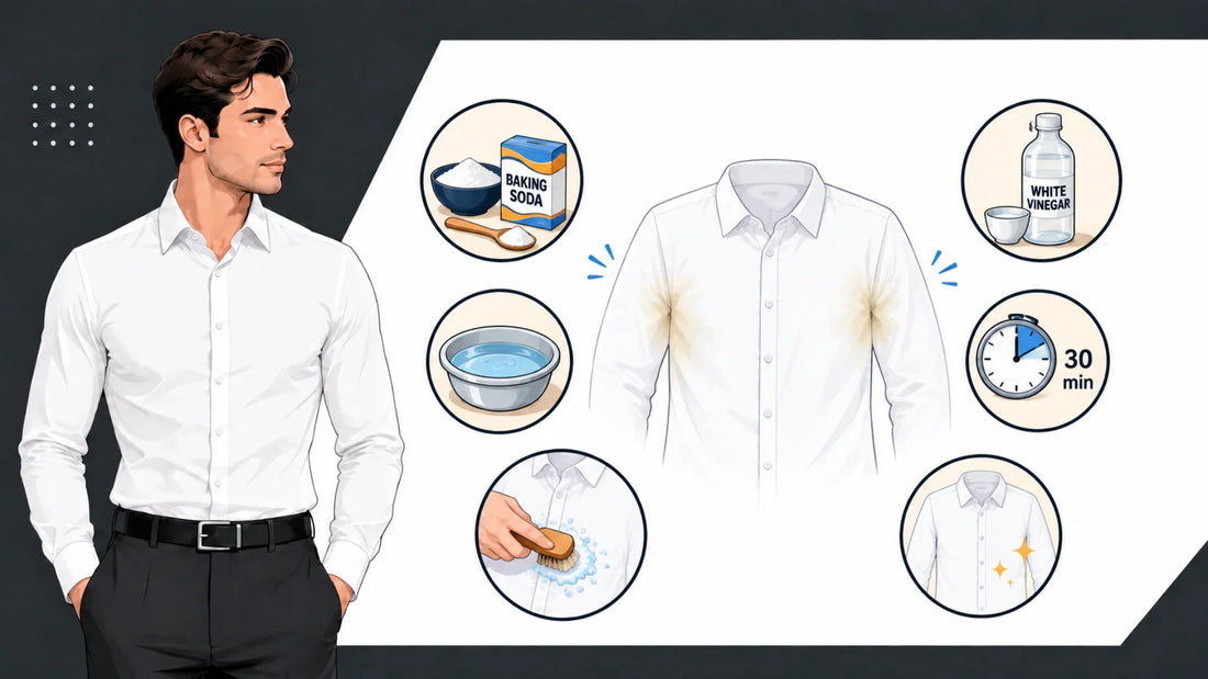 An infographic illustrating how to remove underarm stains from white shirts using baking soda and vinegar