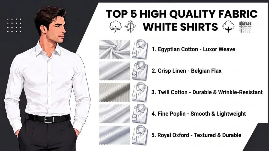 Infographic listing top five high-quality fabrics for white dress shirts: Egyptian Cotton, Crisp Linen, Twill Cotton, Fine Poplin, and Royal Oxford