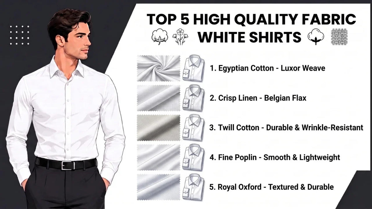 Infographic listing top five high-quality fabrics for white dress shirts: Egyptian Cotton, Crisp Linen, Twill Cotton, Fine Poplin, and Royal Oxford