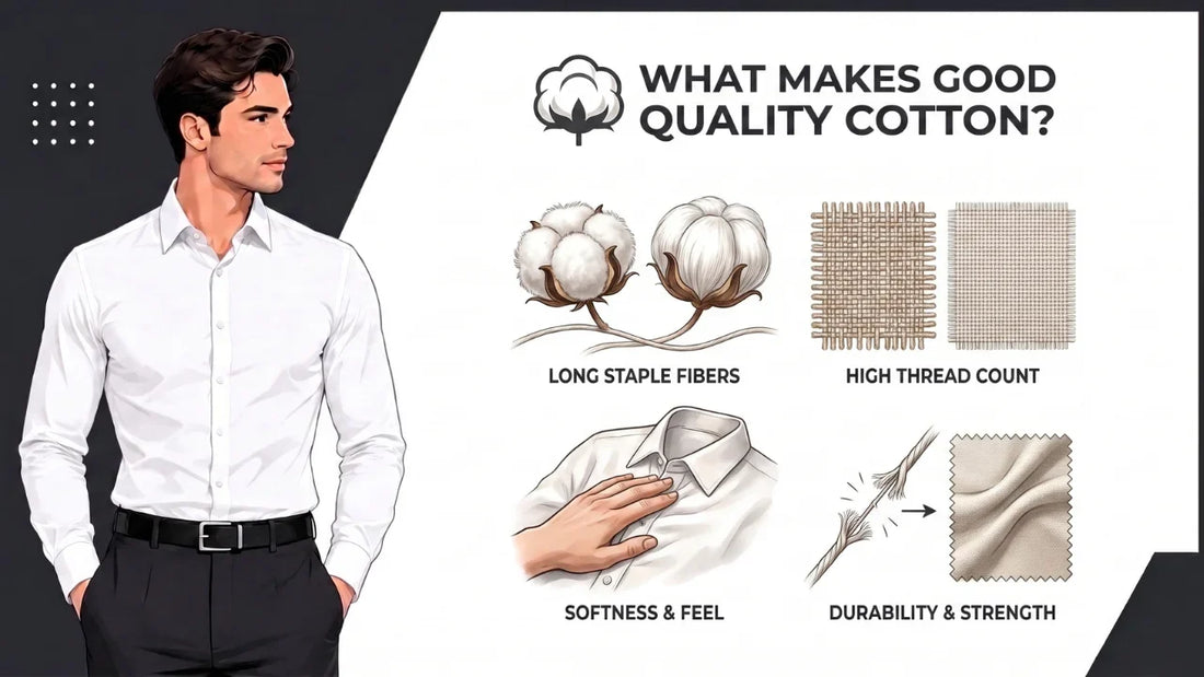 Infographic titled "What Makes Good Quality Cotton?" highlighting long staple fibers, high thread count, softness and feel, and durability and strength