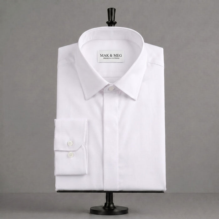 Poplin-Slim Fit Covered Placket White Dress Shirt